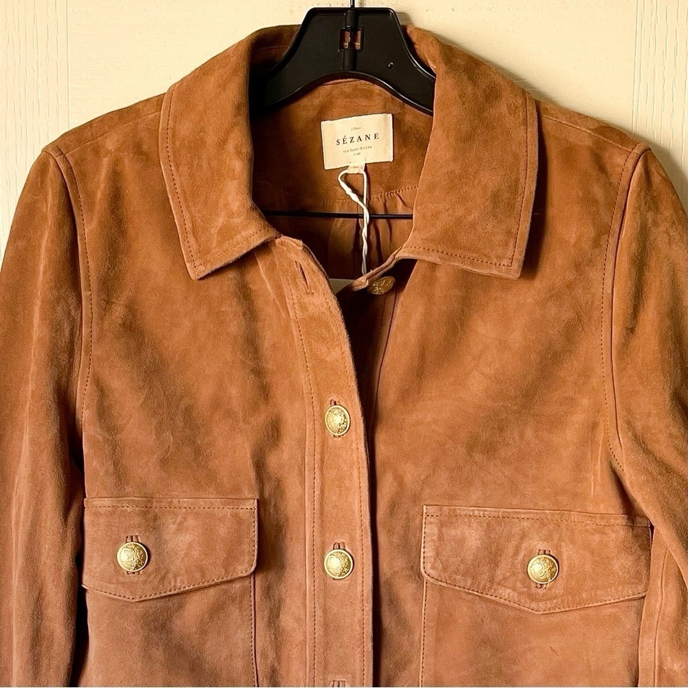 Sézane Terry Jacket Gold Buttoned Camel Suede Goat Leather FR 34 NWT - Picture 5 of 13